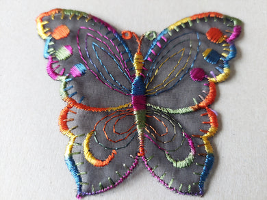 PACK OF 3 BEAUTIFUL BUTTERFLY APPLIQUES - BLACK WITH RAINBOW EDGING - APPROX 8cm x 9cm