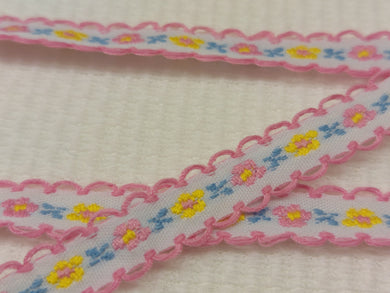 10.5 METRES OF VINTAGE TRIM - PICOT EDGED PINK FLOWER EMBROIDERED BRAID - APPROX 13mm WIDE