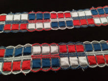 FULL PACK - 26 METRES OF VINTAGE TRIM - BEAUTIFUL RED WHITE AND BLUE TRIM - EMBROIDERED ORGANZA LACE - APPROX 28mm WIDE
