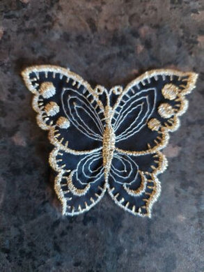 PACK OF 10 BEAUTIFUL BUTTERFLY APPLIQUES - BLACK WITH GOLD LUREX (SPARKLE) EDGING - APPROX 8cm x 9cm