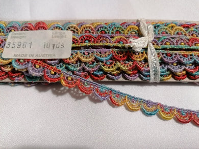 FULL PACK 10 YARDS OF VINTAGE GUIPURE LACE - MADE IN AUSTRIA - MULTI COLOURED RAINBOW SCALLOPED LACE - APPROX 8mm WIDE