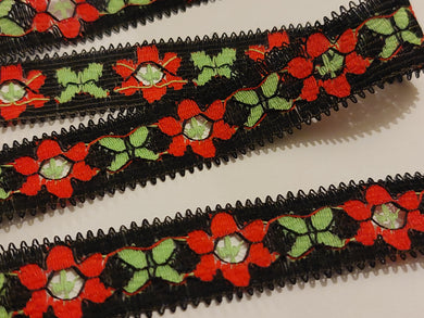 10 METRES OF VINTAGE AUSTRIAN LACE - BLACK RED GREEN - PICOT EDGE - APPROX 2cm WIDE