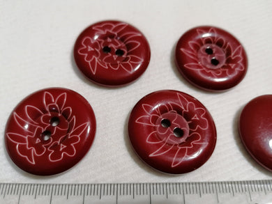 SET OF 5 DARK RED / BURGUNDY BUTTONS WITH WHITE FLORAL DESIGN - 2 HOLE - 30mm DIAMETER