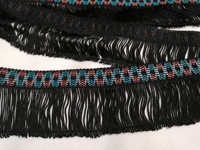 3 METRES OF BLACK FRINGED TRIM FRINGING WITH COLOURFUL TOP BAND - APPROX 7cm WIDE